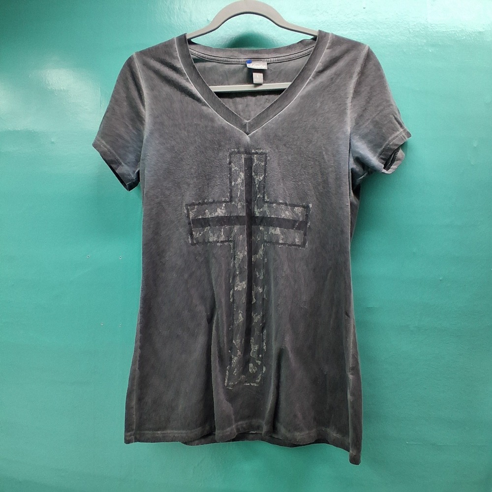 Vanity Cross Graphic Tee Large Grey Acid Wash Gothic Grunge V-Neck Shirt